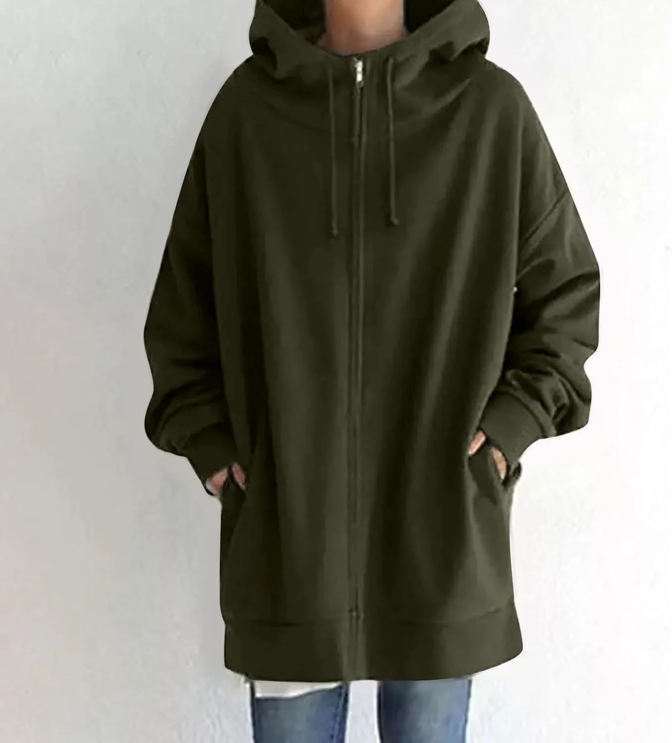 Womens Zip Up Hoodie Jacket Plus Size Long Sleeve Hooded Drawstring Oversized Coat Fall Winter Y2K Clothes