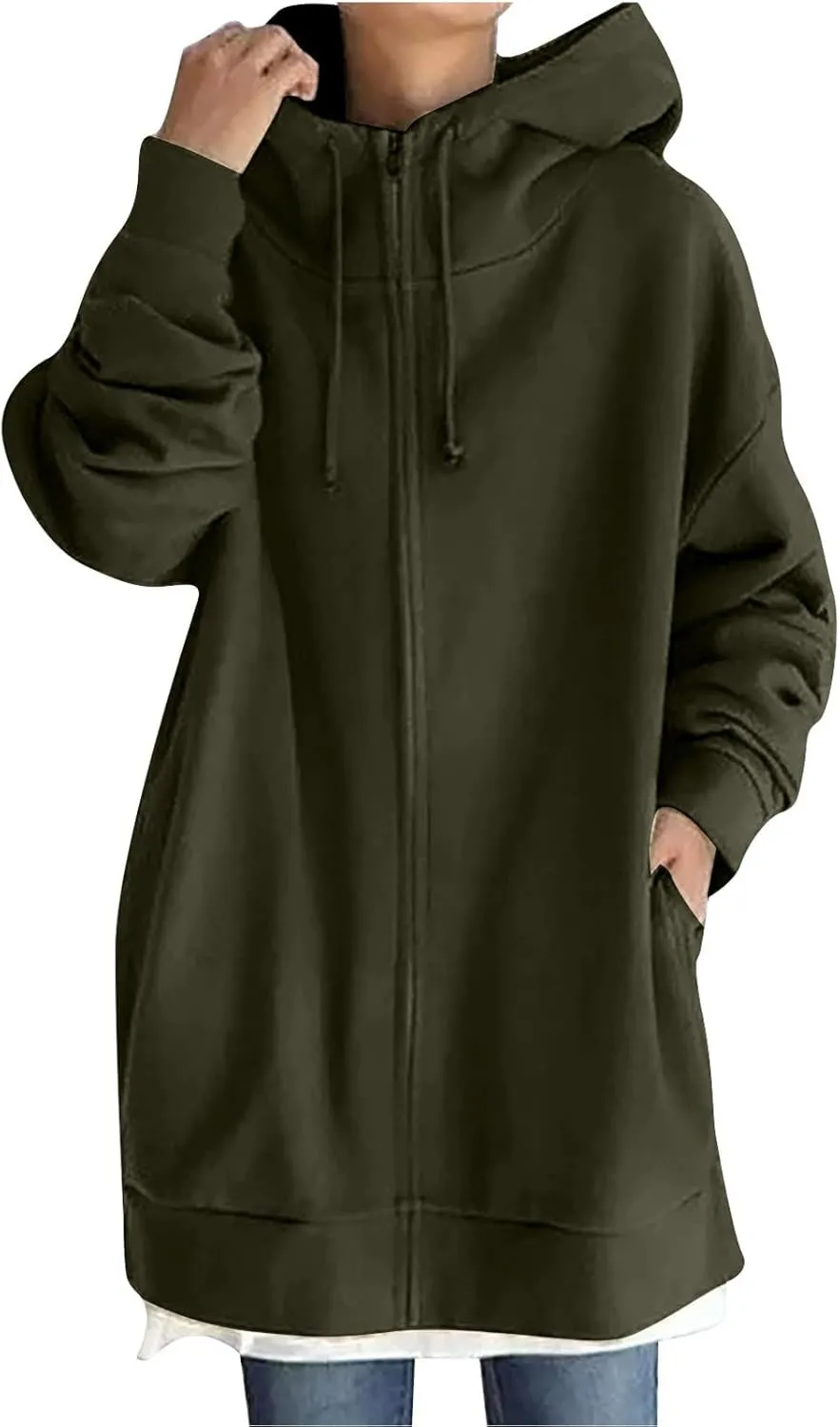 Womens Zip Up Hoodie Jacket Plus Size Long Sleeve Hooded Drawstring Oversized Coat Fall Winter Y2K Clothes