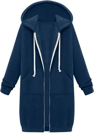 Womens Zip Up Hoodies Long Sleeve Fall Hooded Lightweight Knee Length Tunic Sweatshirt Comfy Oversized Jackets With Pockets