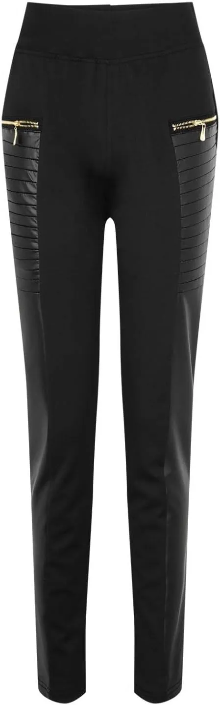 XIAOBU Outdoor Leggings Womens Faux Leather Patchwork Tights Trousers Zipper Pocket High Waist Skinny Moto Pants