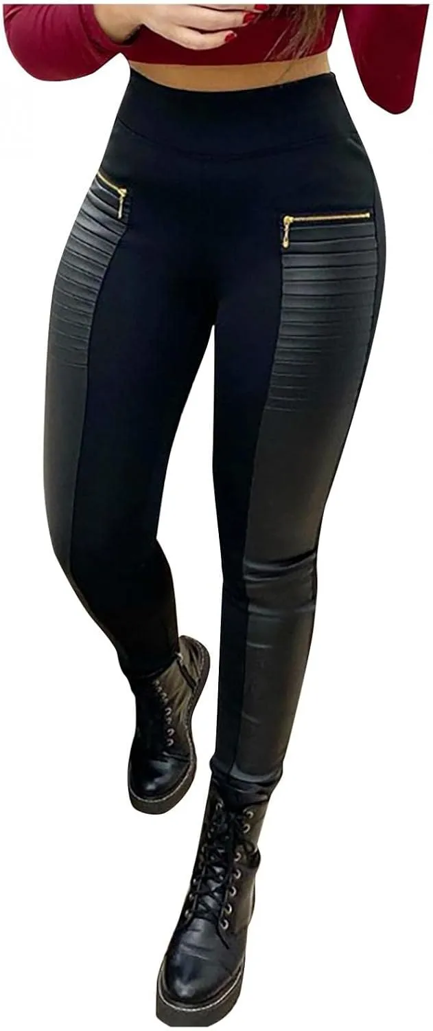 XIAOBU Outdoor Leggings Womens Faux Leather Patchwork Tights Trousers Zipper Pocket High Waist Skinny Moto Pants