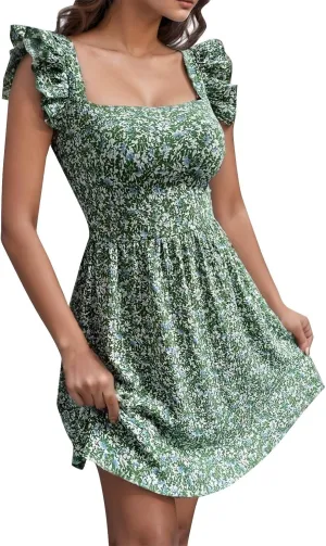 XOWRTE Womens Square Neck Sleeveless Ruffle Dress High Waist Backless A-line Smocked Casual Short Mini Dresses for Women