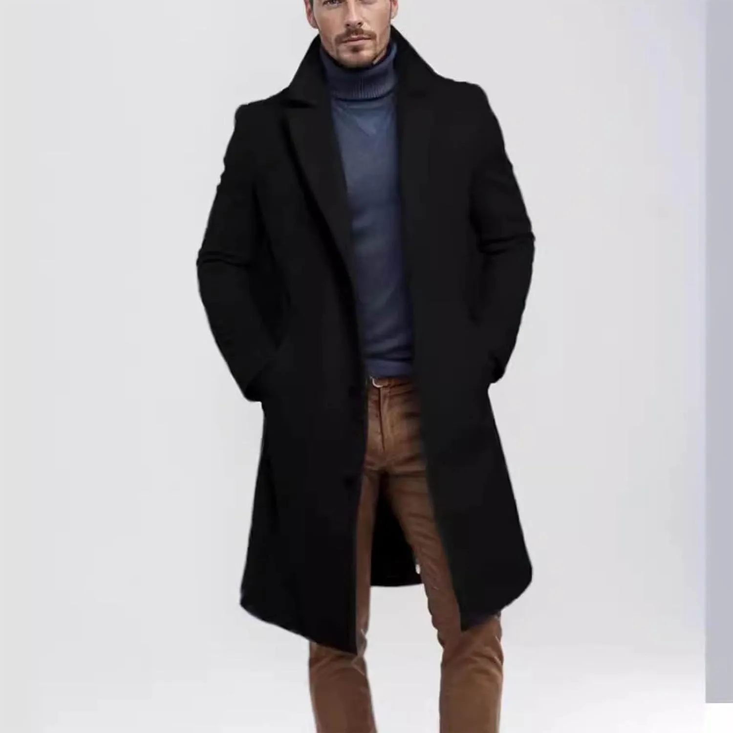 XUNRYAN Mens Wool Blend Pea Coat Notched Collar Single Breasted Overcoat Warm Winter Trench Coat Mid Long Jacket Work Outwear