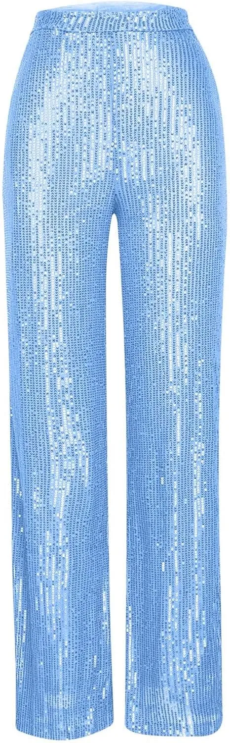 XUNRYAN Sequin Pants Women's 70s Disco Outfits High Waist Wide Leg Palazzo Pants Party Clubwear Trousers Hippie Clothes