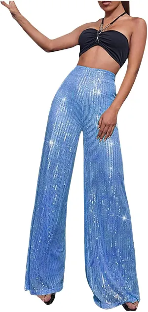XUNRYAN Sequin Pants Women's 70s Disco Outfits High Waist Wide Leg Palazzo Pants Party Clubwear Trousers Hippie Clothes