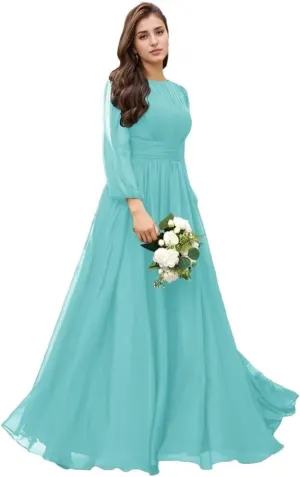 YAUTKA Modest Chiffon Bridesmaid Dresses for Wedding Long Sleeve Ruffles Pleated Formal Dresses for Women 2024