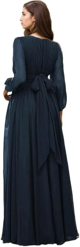 YAUTKA Modest Chiffon Bridesmaid Dresses for Wedding Long Sleeve Ruffles Pleated Formal Dresses for Women 2024