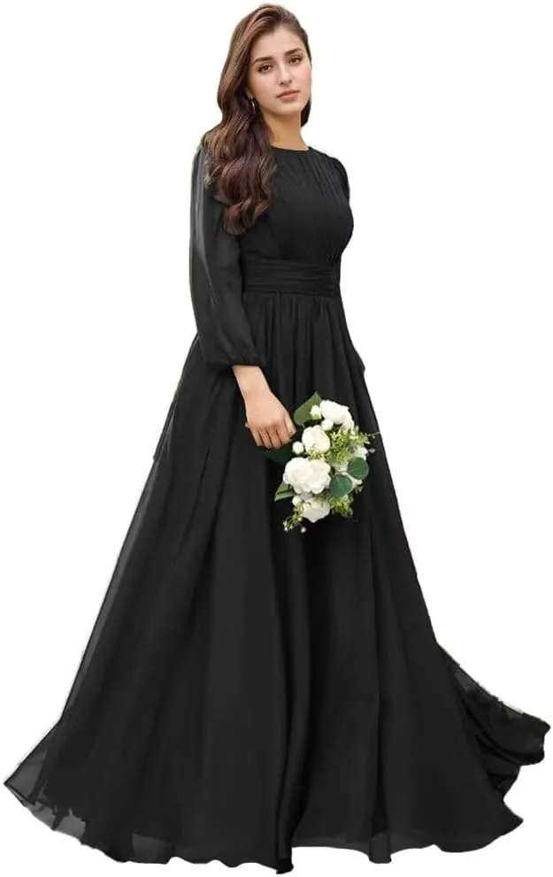 YAUTKA Modest Chiffon Bridesmaid Dresses for Wedding Long Sleeve Ruffles Pleated Formal Dresses for Women 2024