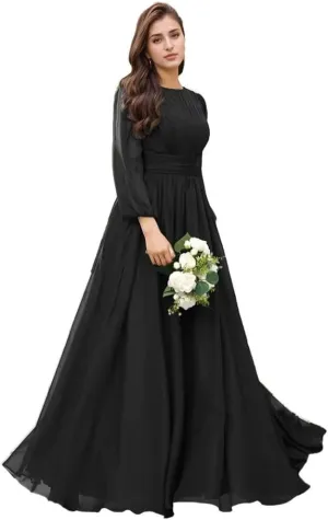 YAUTKA Modest Chiffon Bridesmaid Dresses for Wedding Long Sleeve Ruffles Pleated Formal Dresses for Women 2024