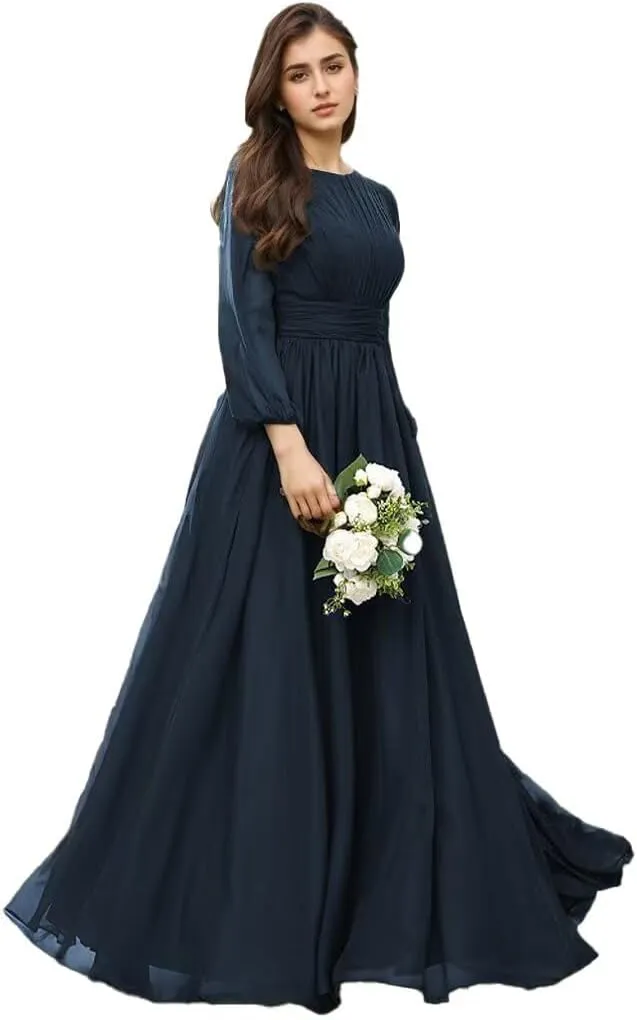 YAUTKA Modest Chiffon Bridesmaid Dresses for Wedding Long Sleeve Ruffles Pleated Formal Dresses for Women 2024