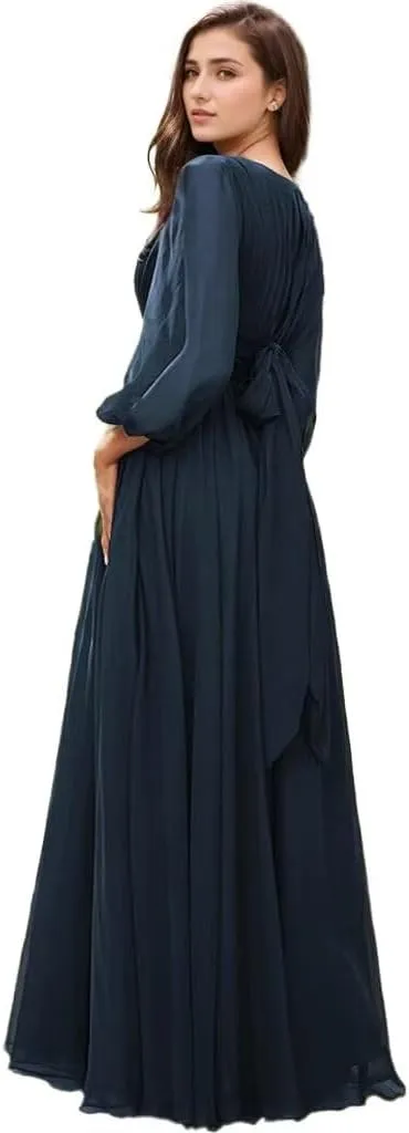 YAUTKA Modest Chiffon Bridesmaid Dresses for Wedding Long Sleeve Ruffles Pleated Formal Dresses for Women 2024