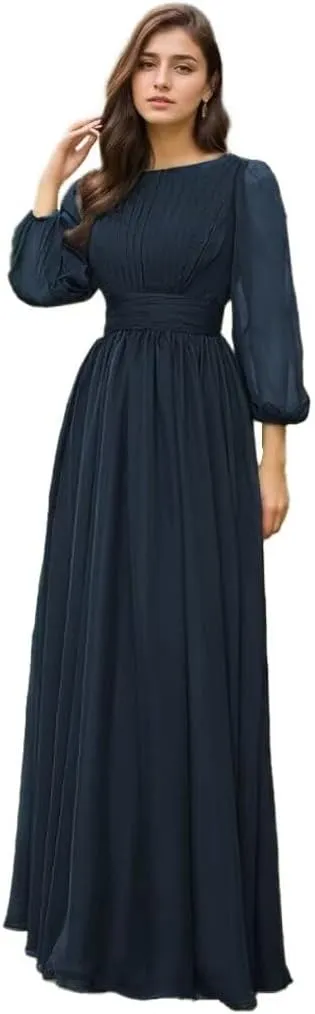 YAUTKA Modest Chiffon Bridesmaid Dresses for Wedding Long Sleeve Ruffles Pleated Formal Dresses for Women 2024