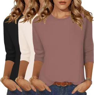 Zeagoo Tops for Women 3 Pack 3/4 Sleeve Crewneck Cute Basics Tees Casual Fashion Summer T Shirts Business Work Tee Top