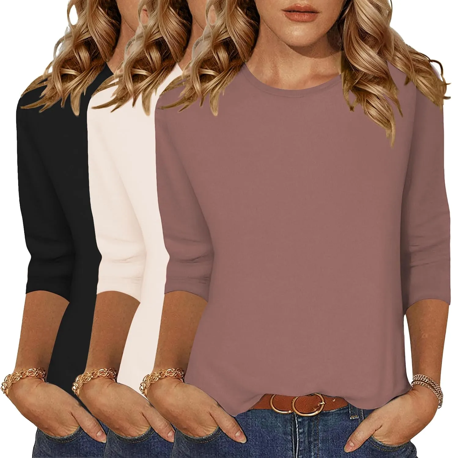 Zeagoo Tops for Women 3 Pack 3/4 Sleeve Crewneck Cute Basics Tees Casual Fashion Summer T Shirts Business Work Tee Top