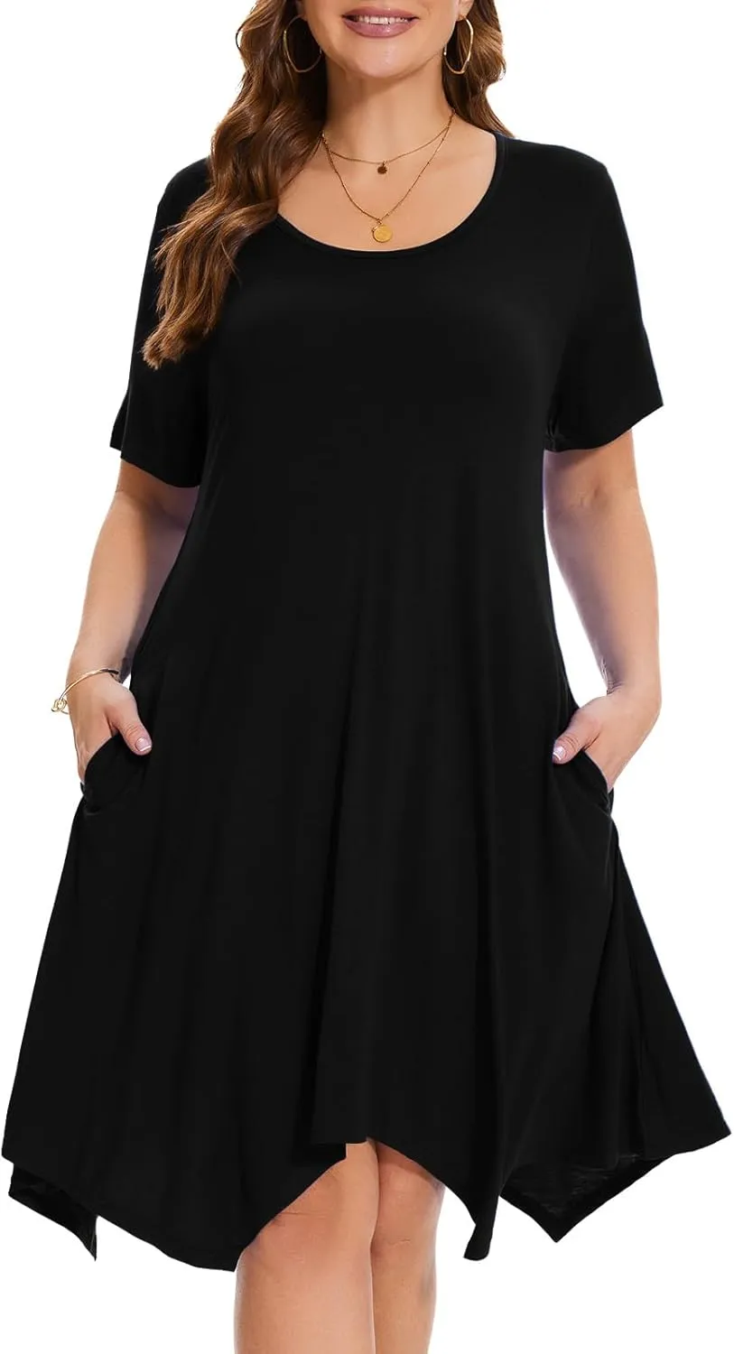 ZENNILO Plus Size Tshirt Dress with Pockets Casual Summer Dresses Crew Neck Short Sleeve Swing Dress for Women