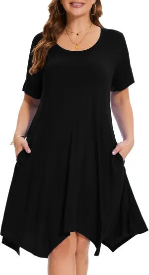 ZENNILO Plus Size Tshirt Dress with Pockets Casual Summer Dresses Crew Neck Short Sleeve Swing Dress for Women