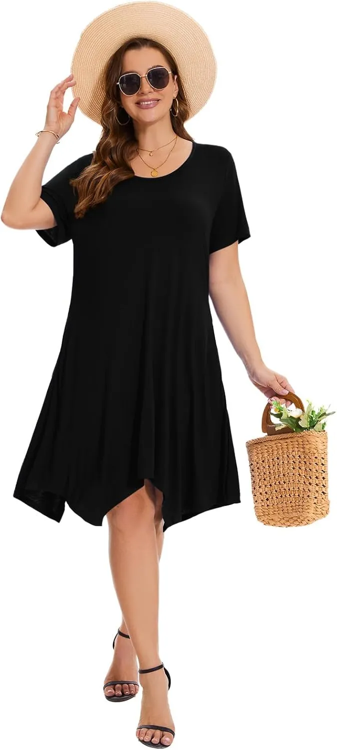 ZENNILO Plus Size Tshirt Dress with Pockets Casual Summer Dresses Crew Neck Short Sleeve Swing Dress for Women
