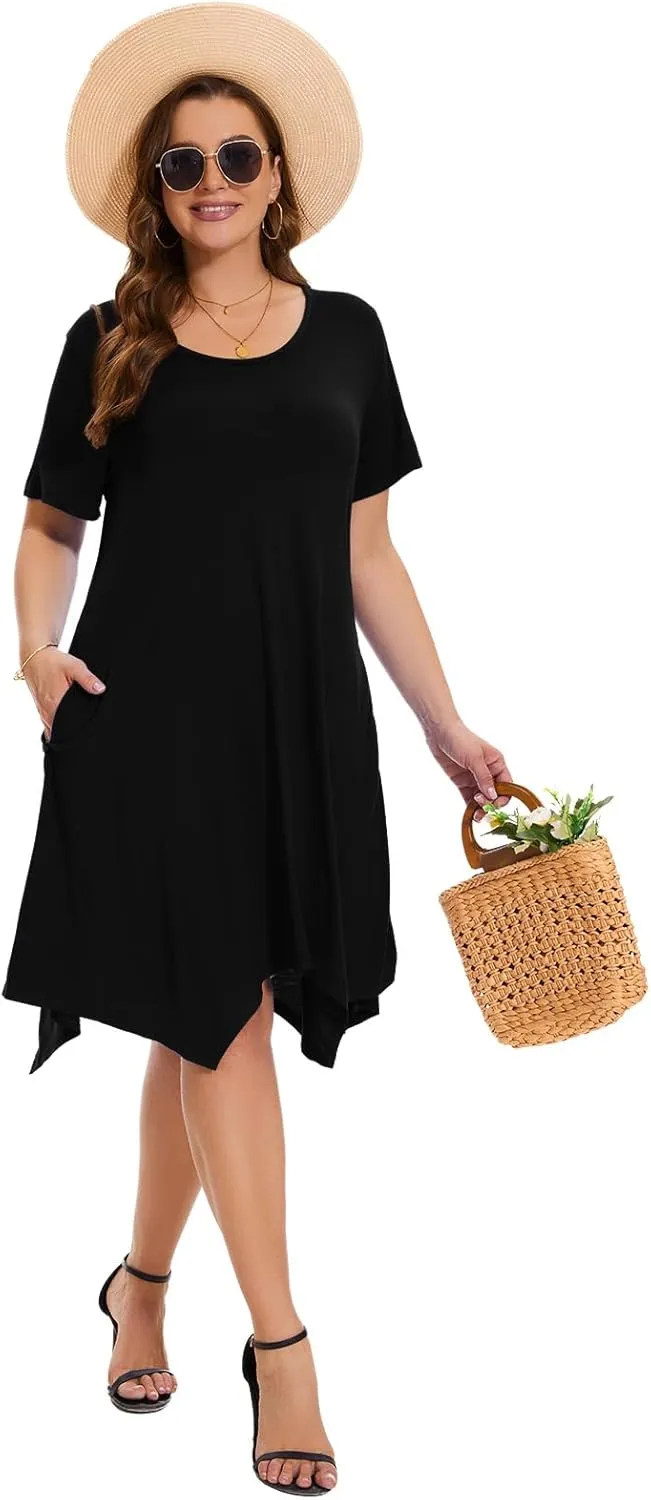 ZENNILO Plus Size Tshirt Dress with Pockets Casual Summer Dresses Crew Neck Short Sleeve Swing Dress for Women