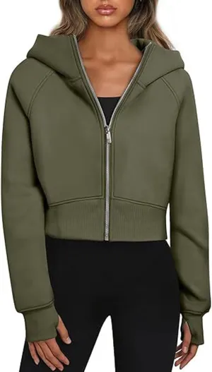 Zip Up Hoodie for Women Fleece Y2k Raglan Sleeve Cropped Sweater Solid Color Athletic Jackets 2024 Fall Tunic Tops