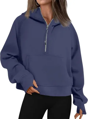 Zip Up Hoodie Women Fall Winter Sweatshirt Drop Shoulder Half Zip Pullover Sweaters Long Sleeve Tops With Pocket