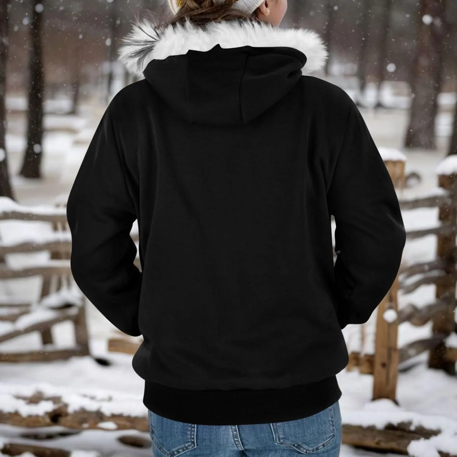 Zip Up Hoodie Women Fleece Lined Zip Up Jackets Casual Loose Drawstring Plain Hooded Sweatshirt with Pockets