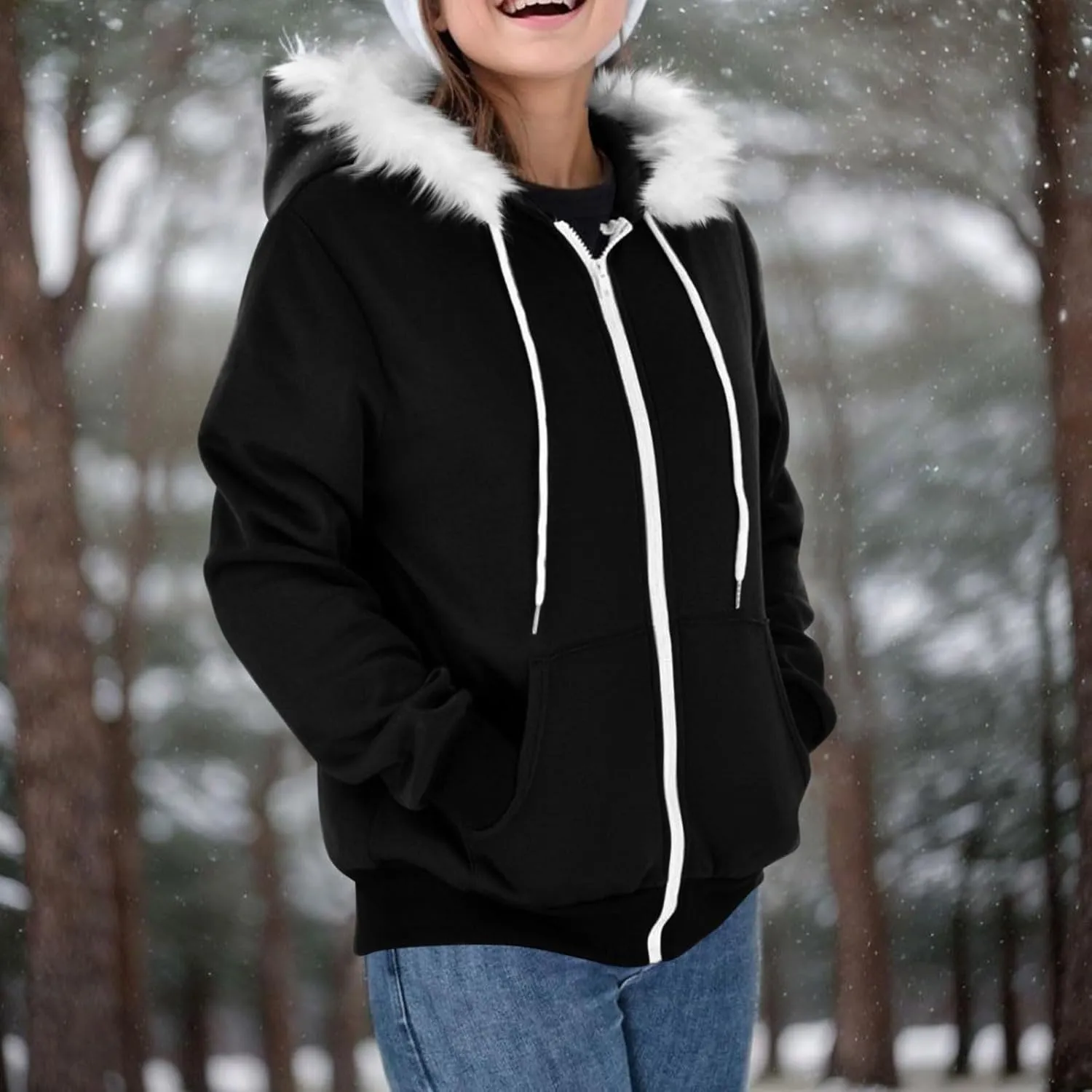Zip Up Hoodie Women Fleece Lined Zip Up Jackets Casual Loose Drawstring Plain Hooded Sweatshirt with Pockets