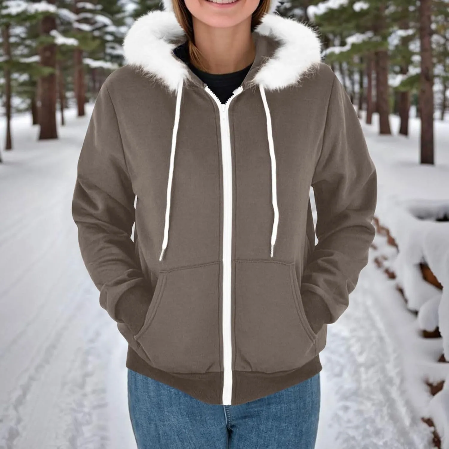 Zip Up Hoodie Women Fleece Lined Zip Up Jackets Casual Loose Drawstring Plain Hooded Sweatshirt with Pockets