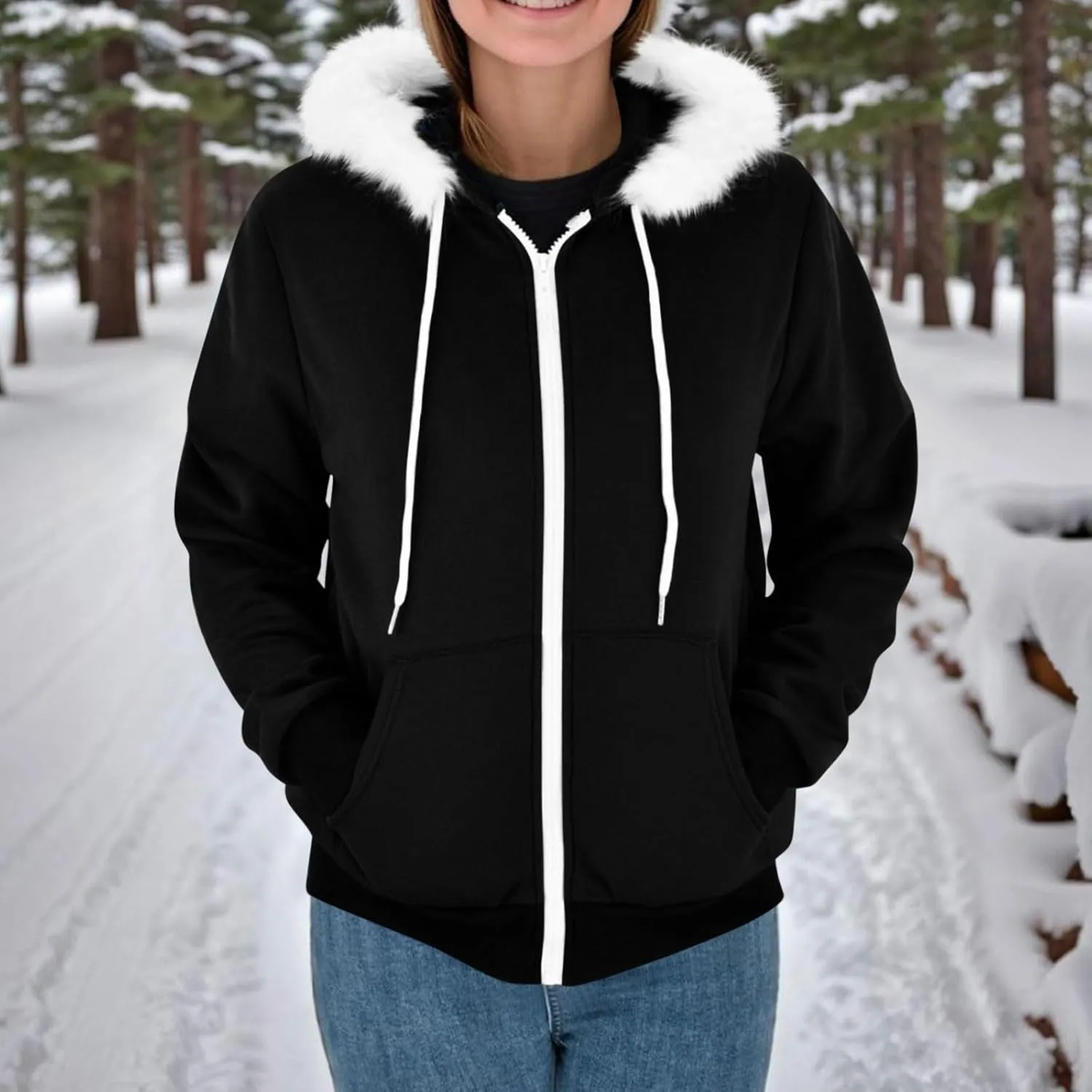 Zip Up Hoodie Women Fleece Lined Zip Up Jackets Casual Loose Drawstring Plain Hooded Sweatshirt with Pockets