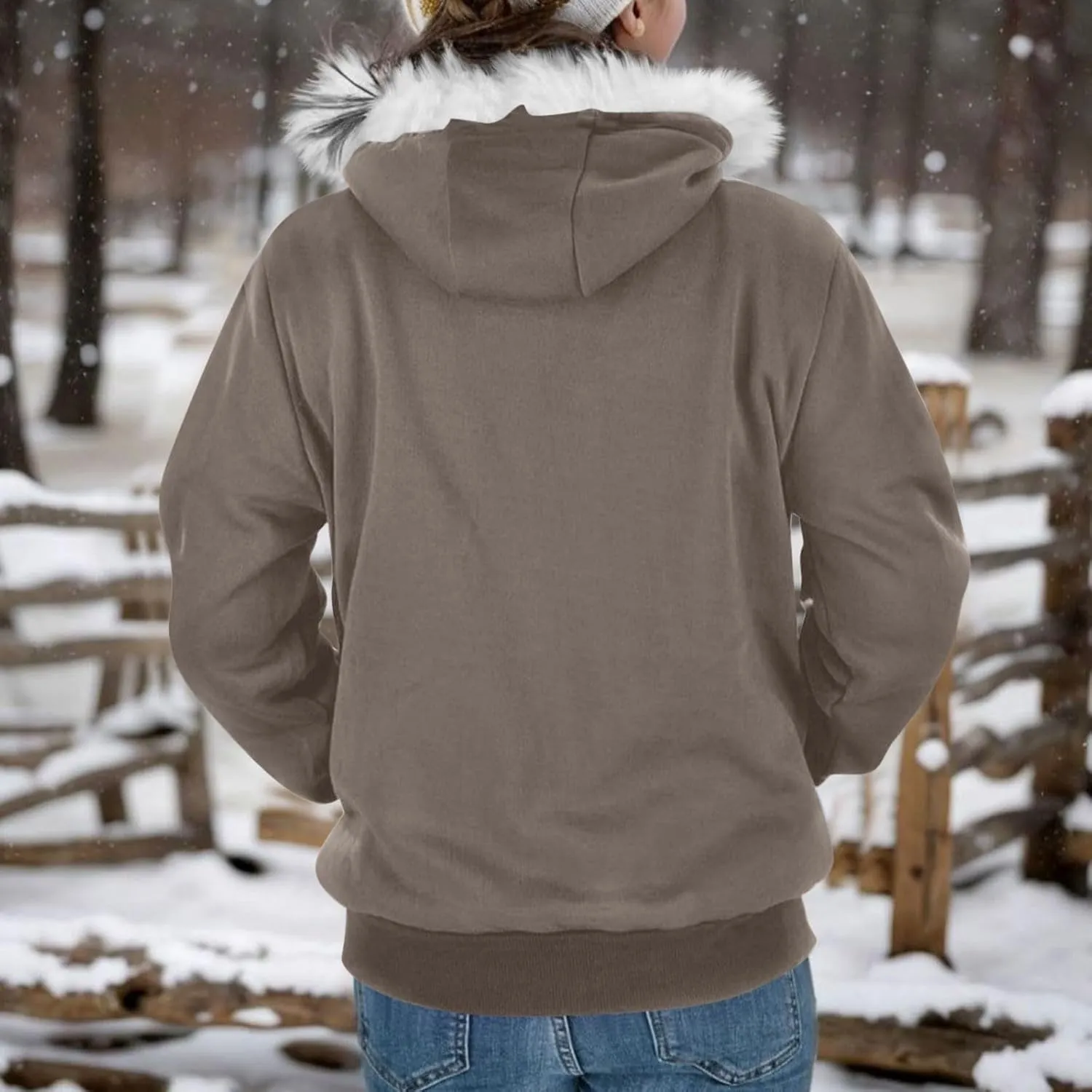Zip Up Hoodie Women Fleece Lined Zip Up Jackets Casual Loose Drawstring Plain Hooded Sweatshirt with Pockets