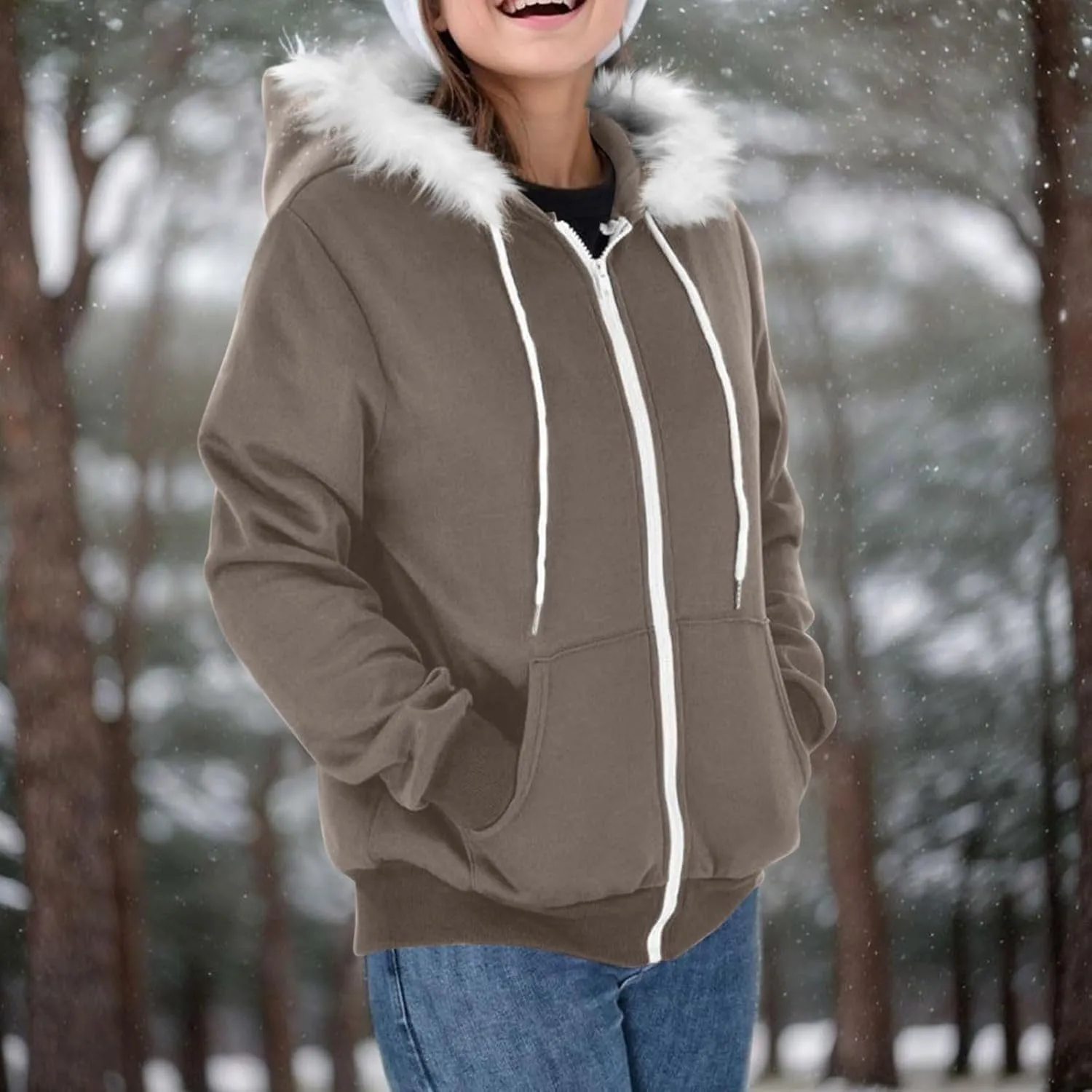 Zip Up Hoodie Women Fleece Lined Zip Up Jackets Casual Loose Drawstring Plain Hooded Sweatshirt with Pockets