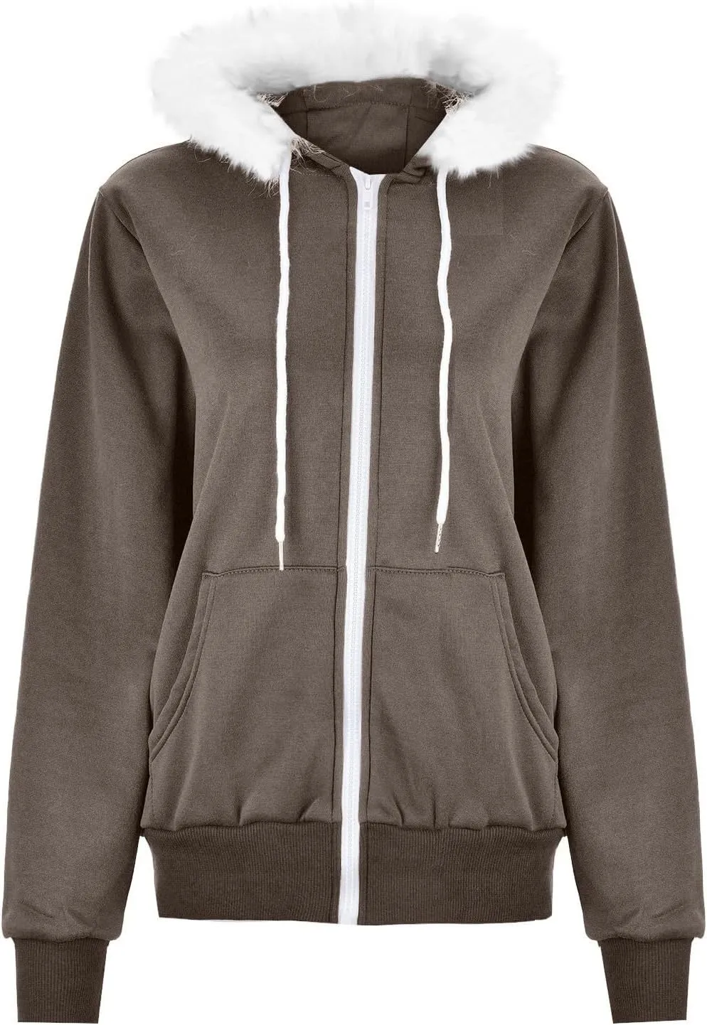 Zip Up Hoodie Women Fleece Lined Zip Up Jackets Casual Loose Drawstring Plain Hooded Sweatshirt with Pockets