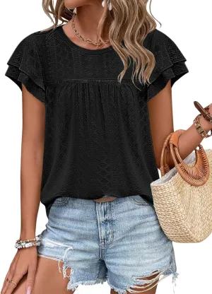 Zwurew Womens Summer Tops Crewneck Eyelet Ruffle Sleeve Blouses Casual Babydoll Shirts 2025 S-2XL