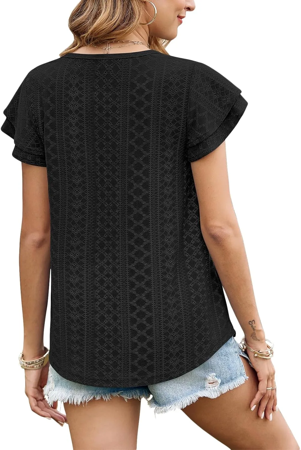 Zwurew Womens Summer Tops Crewneck Eyelet Ruffle Sleeve Blouses Casual Babydoll Shirts 2025 S-2XL