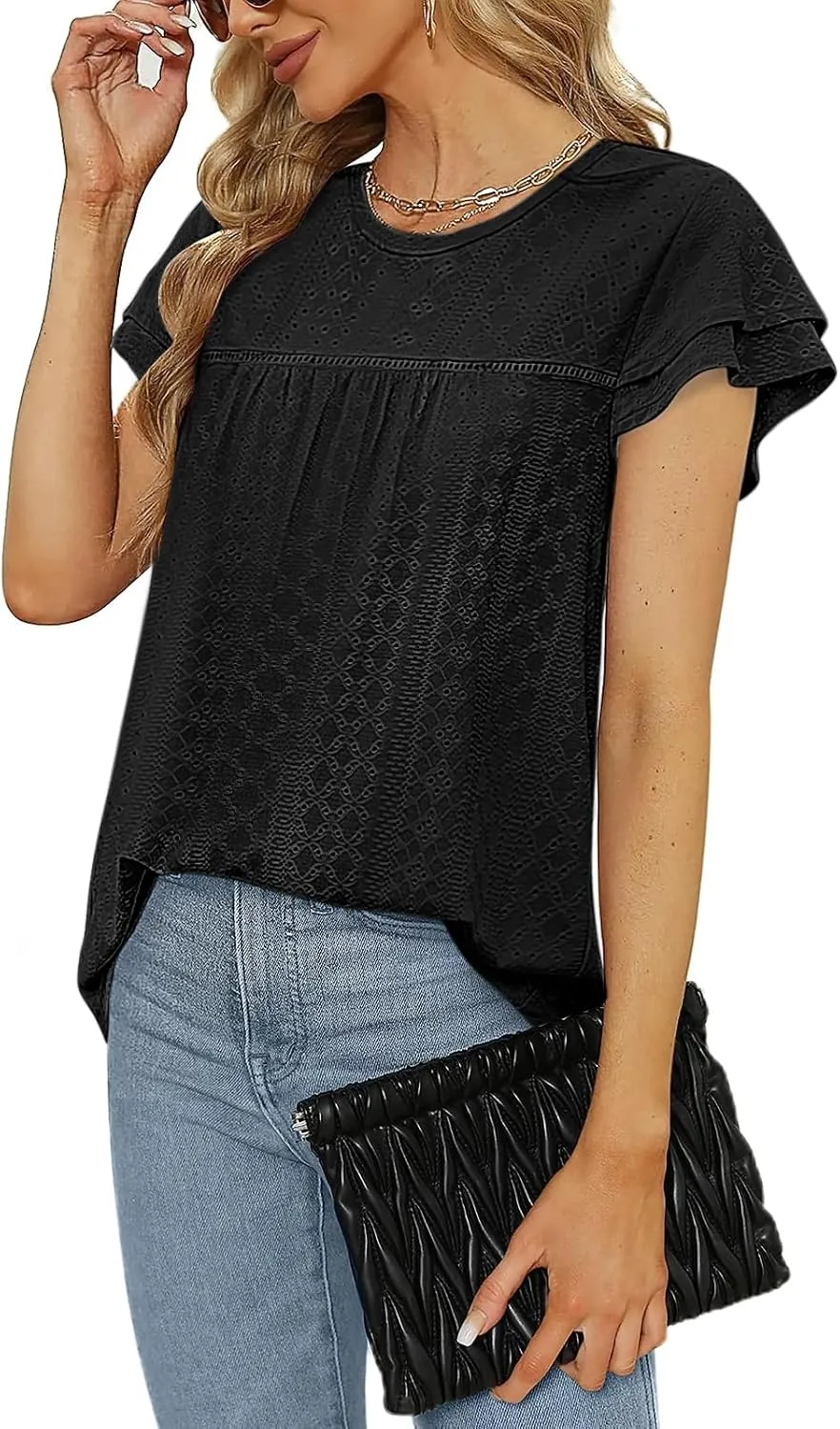 Zwurew Womens Summer Tops Crewneck Eyelet Ruffle Sleeve Blouses Casual Babydoll Shirts 2025 S-2XL