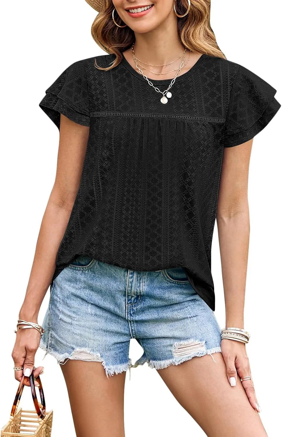 Zwurew Womens Summer Tops Crewneck Eyelet Ruffle Sleeve Blouses Casual Babydoll Shirts 2025 S-2XL